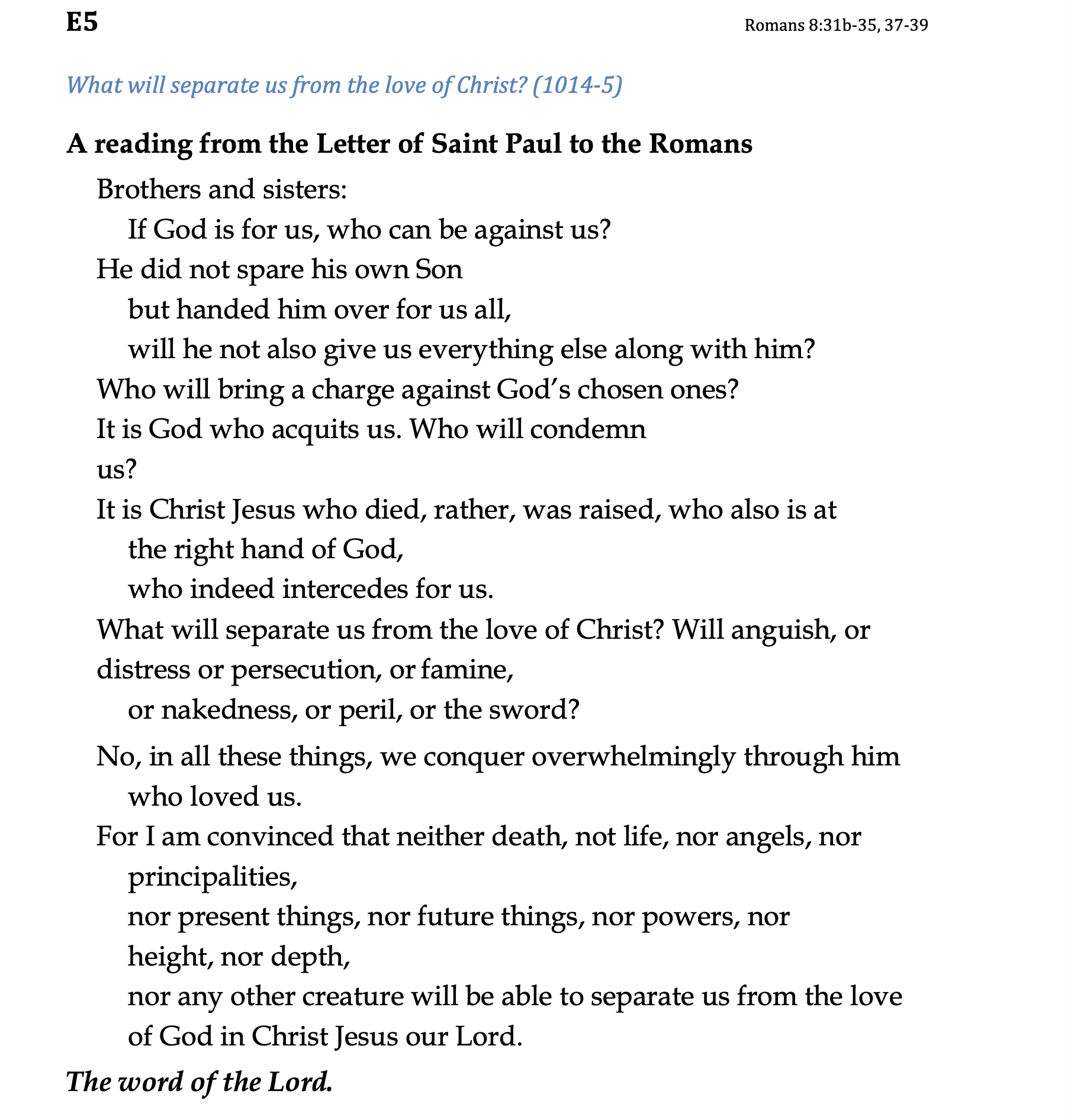 E5 - Romans 8:31b-35, 37-39